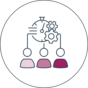 Diagram of three figures connected to gears and a clock, symbolizing teamwork and time management.