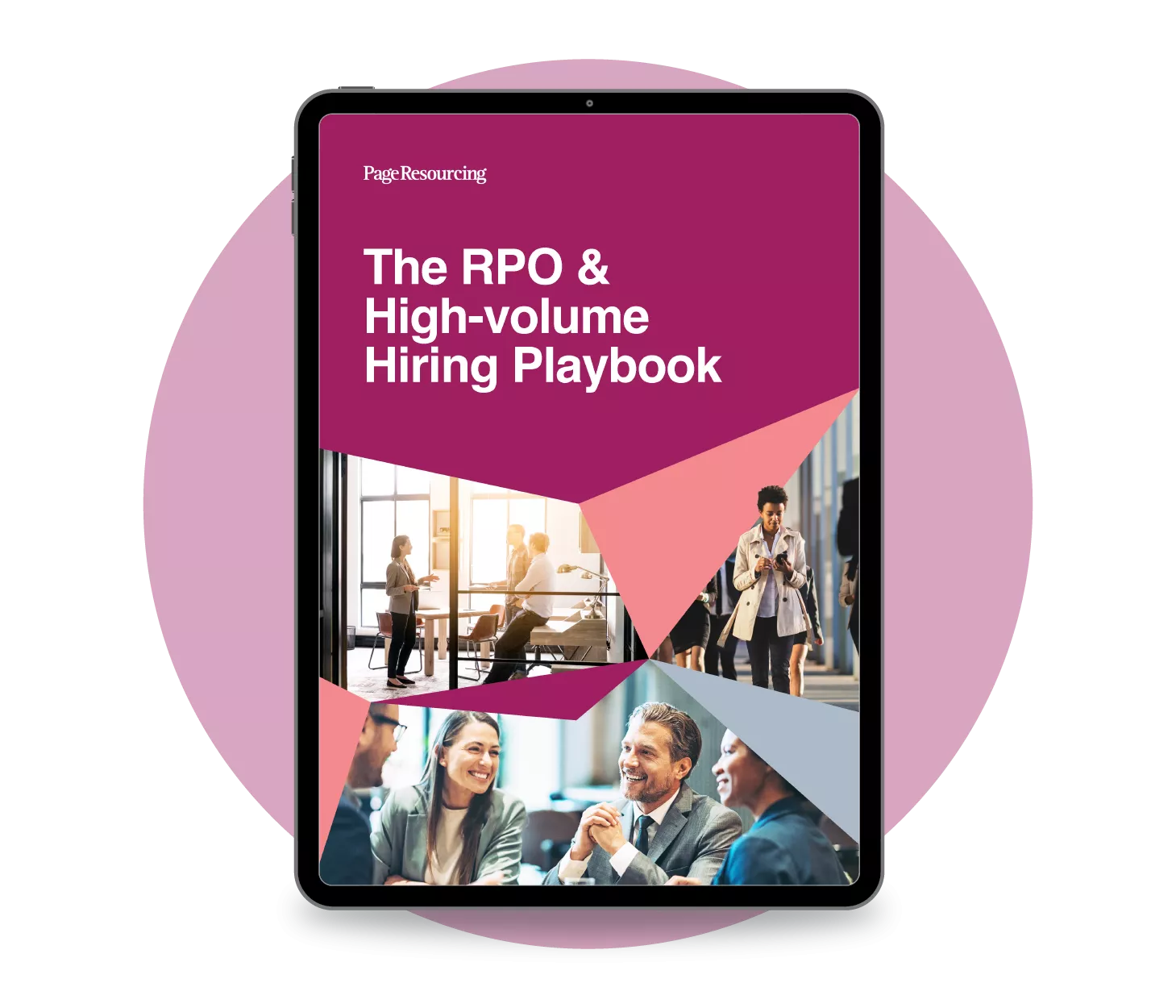 Digital playbook for RPO and high-volume hiring with business images on a tablet screen.