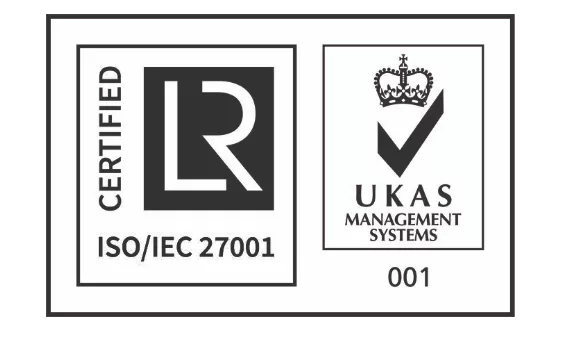 ISO/IEC 27001 certified logo with UKAS Management Systems emblem.